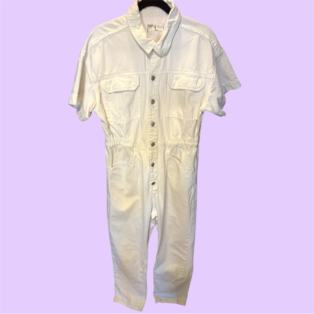 Free People White Denim Button-Up Jumpsuit